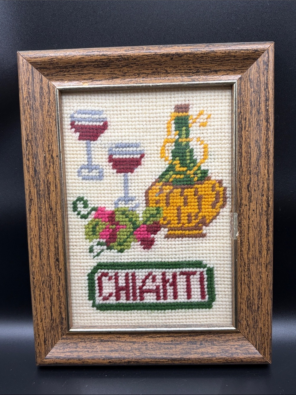 Vintage Cross Stitch Needlepoint Stitch Work Fiber Art Chianti Red Wine Artwork